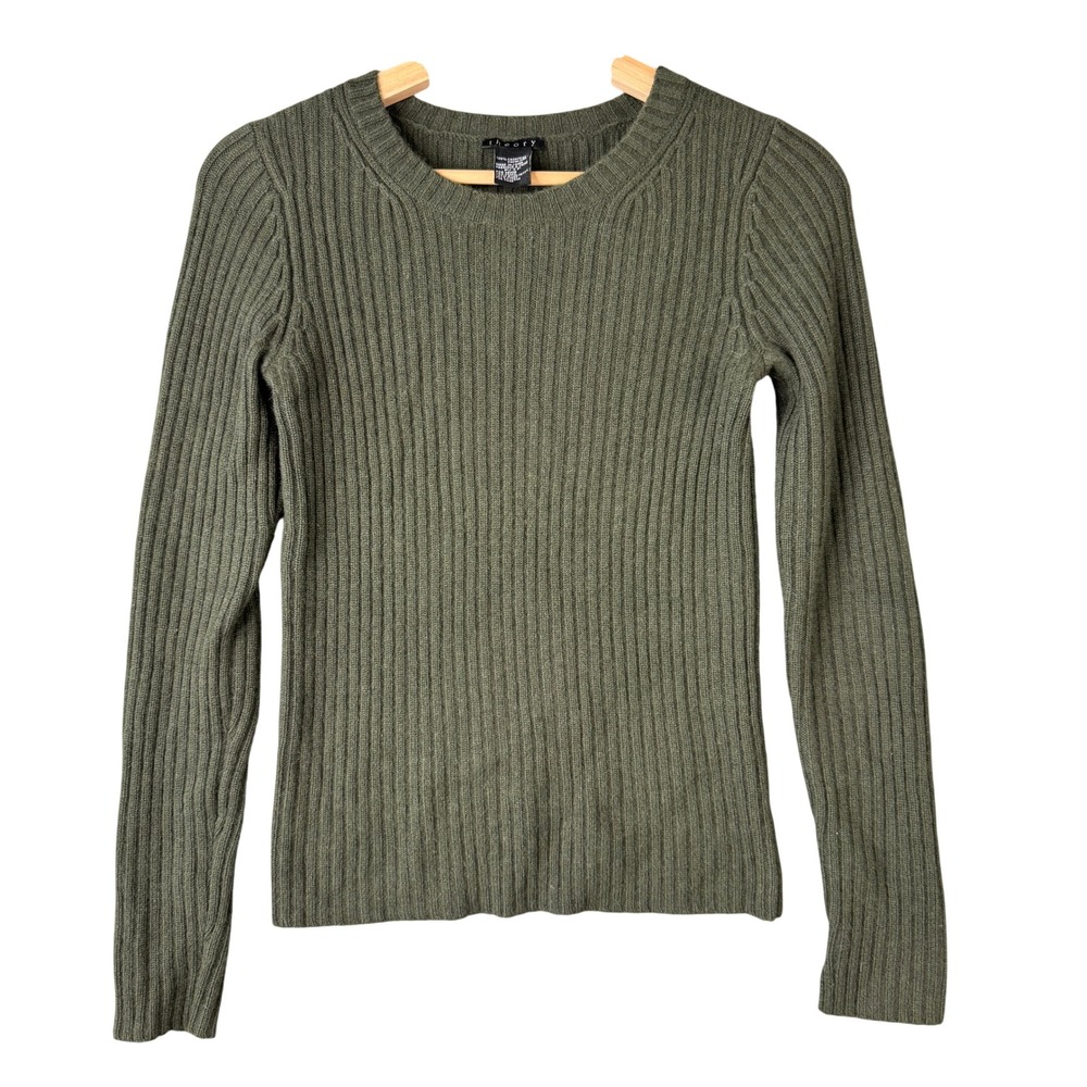 Theory 100% Cashmere Ribbed Crewneck Sweater Olive Green P/TP 50678724